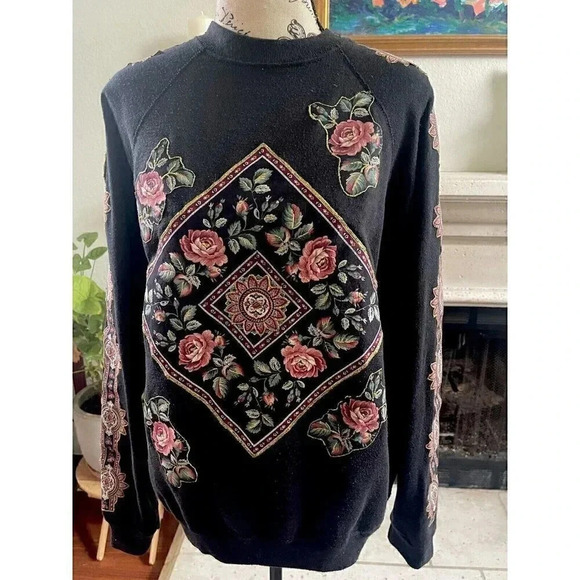 Tultex Sweats Appeals Vtg Black Pullover Rose Floral Size Large Made In USA - Picture 6 of 10